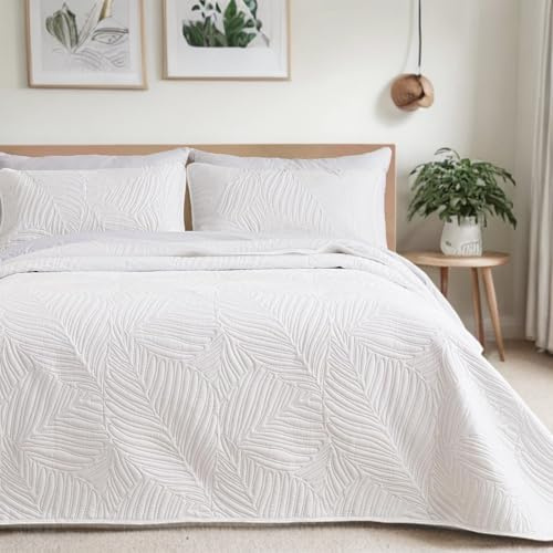HaraDeco Colcha Blanca Hoja Lisa - Colcha de Verano Ligera con 2 Fundas de Almohada - Cubrecama para Todas Las Estaciones - Hogar y Hostelería - Cama Matrimonio 140/150 cm