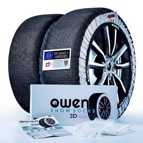 OWEN Textil snökedjor M – ‎EN 16662-1 certifierad – homologerad – set om 2 – 3D-tyg – snöstrumpor – ABS/ESP skonsamma – storlek M