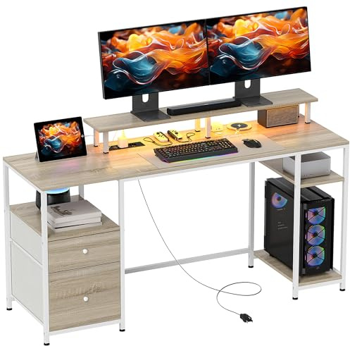HOMCOM Mesa de Escritorio con Luces LED Estantes 155,5x48x88,5 cm Natural