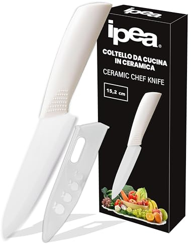 IPEA Cuchillo de Cerámica Grande para Frutas, Verduras, Carne – Hoja de 15,2 cm – Cuchillo Chef de cocina multiusos con hoja afilada para cortar y pelar alimentos y hortalizas – Cubre hoja y mango