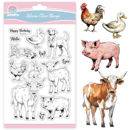 GLOBLELAND Klare Stempel Mit Bauernhoftieren Karten Katzen Hunden Schafen Schweinen Transparente Silikonstempel Grüße „Happy Birthday To You“ Transparente Stempel Siegel Für DIY Scrapbooking Prägung