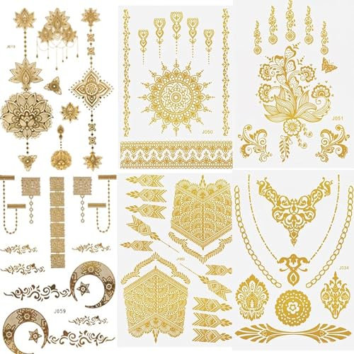 Wenyue 6 pcs tatouage au henné,Tatouage Temporaire Imperméable,Tatouage de paillettes en or adulte,Tatouage,Tatouage en métal,Accessoires de fête des fêtes pour les jeunes filles
