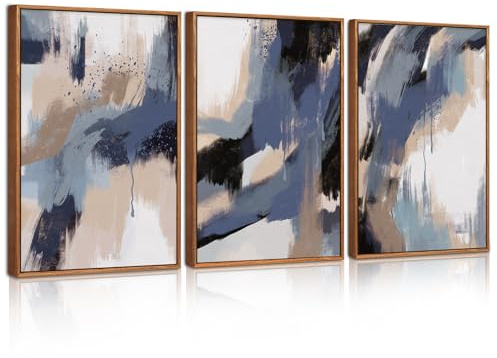 BINCUE 3 Teilig Blau Abstrakt Wandkunst,Moderne Blau Beige Abstrakte Wandbild mit Rahmen,Bunte Abstrakte Wanddeko.Farbe Blockform Poster Bilder für Wohnzimmer Schlafzimmer Büro,30x40cm