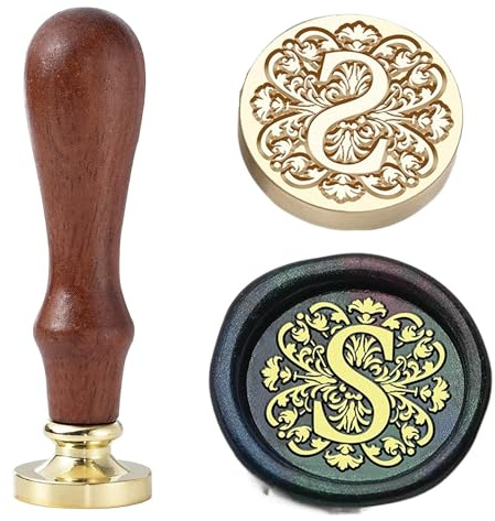 Ychostamp Buchstabenwachs-Stempel-Set, Wachsstempel für erste Versiegelung, Barock-Messing-Stempel, 25 mm, Alphabet-Buchstaben mit Griff (Buchstabe S)