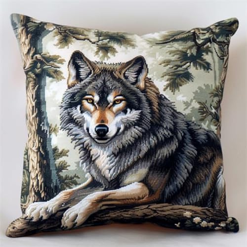 Kitquiver Diy Knüpfkissen Set Cartoon-Wolf-Tier Diy-Knüpfhäkel-Sets,Bedruckter Kissenbezug,Heimdekoration B 17x17In