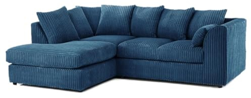 Furniture 786 L Shaped Settee - Jumbo Cord Corner Scatter Back Sofas - Elegant 4 Seater Sofa Set - Comfy Fabric Sofa Suite Couch Set for Living Room Lounge Indoors (Marine Blue, Left Hand)