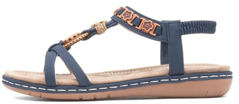 Lilley Womens Navy Beaded T-Bar Slip On Sandal