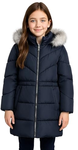 SOLOCOTE Mädchen Wintermantel wasserabweisend wattiert mit Kapuze Sherpa Futter Kunstpelzbesatz schwerer langer Parka für Kinder Marine 140