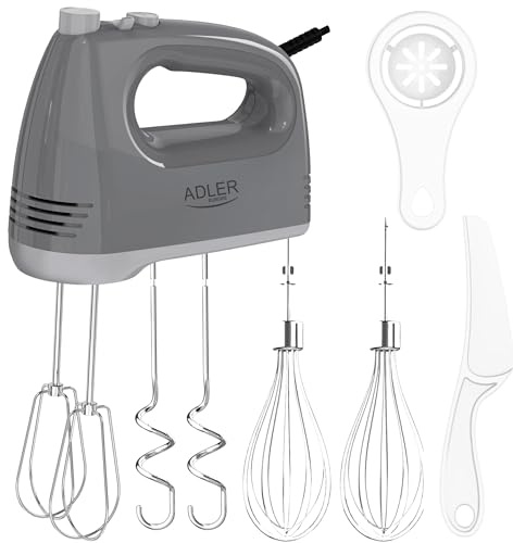 ADLER EUROPE Handmixer 750W standmixer, elektrisches handrührgerät set mit 5 geschwindigkeiten & turbo, extra lange 21cm, edelstahl knethaken, rührbesen, teigschaber & eitrenner, grau