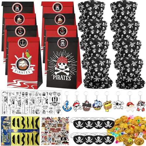 DXLing 260 Stück Piraten Party Mitgebsel Kindergeburtstag | Nahtlose Bandanas Schal Piraten Geschenktüten Schlüsselanhänger Aufkleber Goldmünzen Edelsteine Augenklappen Tattoo Aufkleber