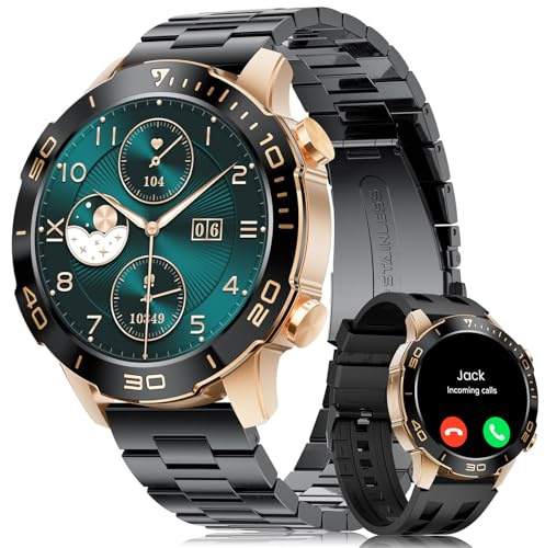 Montre Connectée Homme Elegant avec Appel Bluetooth/Assistant Vocal,1.43‘’ HD AMOLED Écran,IP68 Étanche Fitness Tracker avec Moniteur de Fréquence Cardiaque/BP/SpO2/Sommeil,pour Android iOS,Or Noir