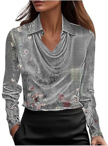 Chemisier Femme Satin Blouse Femme Chic et élégant Col en V Shirts Tops Manches Longues Casual Chemise Soie Mode Décontracté Tee Shirt Imprimé Floral Classique Blouse Printemps Ample