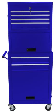 DHWDS Chariot à outils bleu XXL avec 6 tiroirs, 110 cm, coffre à outils sur roulettes avec boîte à outils amovible, freins de stationnement et verrouillage centralisé pour garage et bricolage