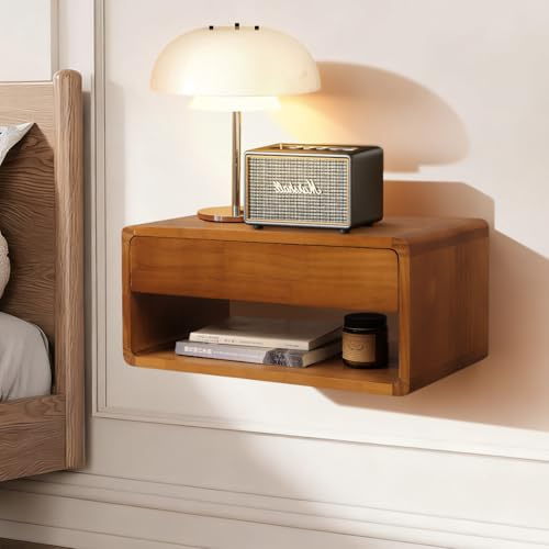 WDSHIYI Floating Nightstand, Wall Mounted Bedside Shelf, Handmade Bedroom Furniture,Pine Wood Floating Bedside Table, Minimalist And Unique Style 44 x 24 x 20 CM Brown