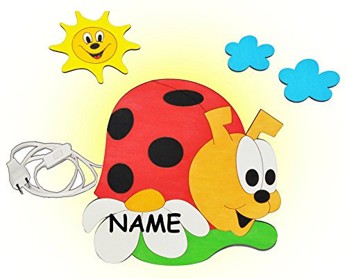 alles-meine.de GmbH Marienkäfer mit Wolken - Wandlampe aus Holz - incl. Name - Lampe mit Schalter für Kinder - Kinderzimmer/Glückskäfer Sonne Wolken Kinderlampe Wandleuchte..