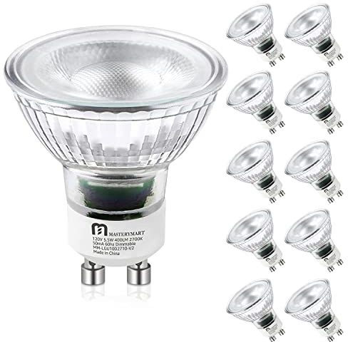 MASTERY MART Dimmable GU10 LED Light Bulbs, 5.5W Bright 2700K Soft White 50W Halogen Equivalent, 400lm Energy Saver for Track Lighting Fixture, Kitchen, Basement, Living Room, 25000 Hours, 10 Pack