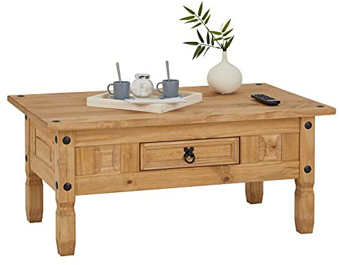 CARO-Möbel Couchtisch Salsa Wohnzimmertisch Beistelltisch im Mexiko-Stil, Kiefer massiv, gebeizt/gewachst mit 1 Schublade
