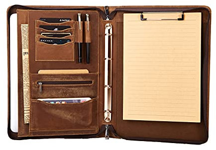 FREI NAME/BRIEF Gravur, Leder Schreibmappe DIN A4 Konferenzmappe, Dokumentenmappe Organiser mit Reißverschluss, Personalisiertes Handgemacht Geschenk für Männer und Frauen