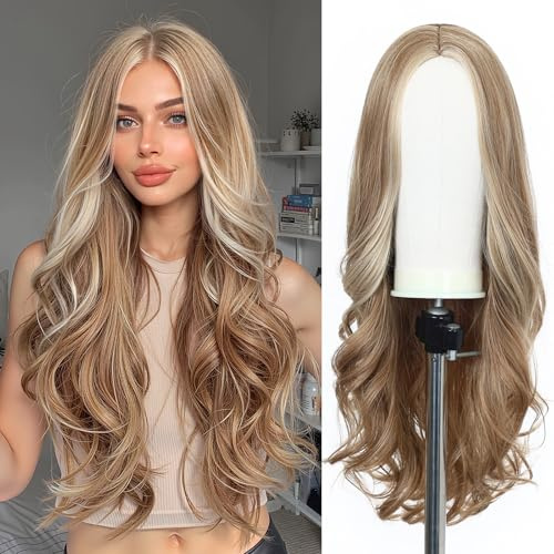 Esmee Lång Mixde Blonde Peruk för kvinnor Highlight Color Natural Wavy Daglig hår syntetiska peruker mitt del-24 tum