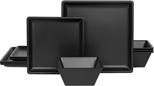 Juego de platos y cuencos de melamina de 12 piezas con platos, platos, platos, cuencos, juegos de vajilla cuadrada negra para 4 lavavajillas (cuadrado negro)