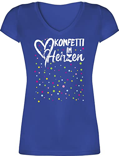 T-Shirt Damen V Ausschnitt - & Fasching - Konfetti im Herzen Karneval I - XL - Blau - karnevalsshirt faschingsshirt Faschings Herz Shirts karnevalsshirts Faschings-t-Shirt Karnevals Confetti Shirt
