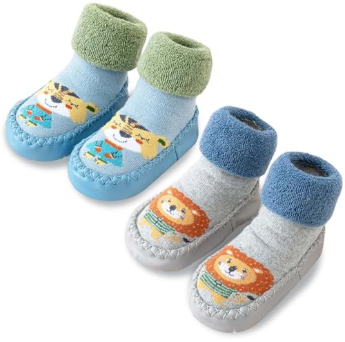 Baby Warm First Walking Shoes Slippers Socks Shoes Girls Boys Anti Slip Soft Newborn 2 Pairs(TigerLion, 12-18Month)
