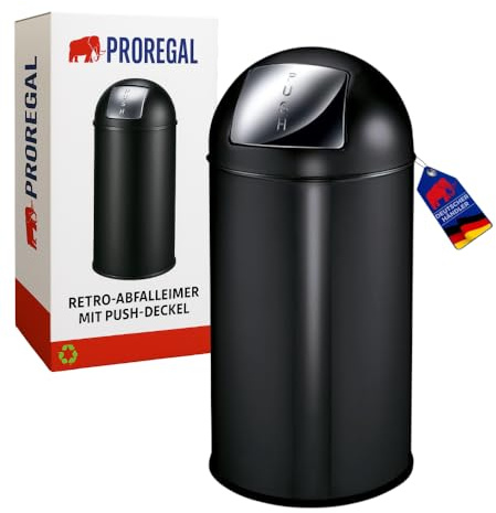 PROREGAL Abfallbehälter mit Pushdeckel & Inneneimer aus Metall | 40 Liter, HxBxT 74x34x34cm | Matt Schwarz