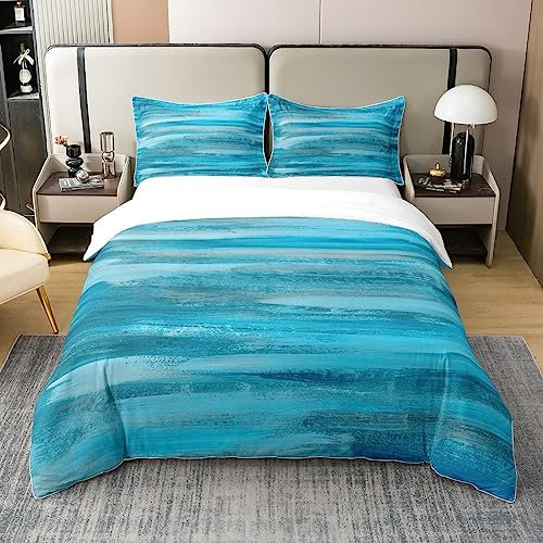 100 Prozent Baumwolle Blau Ombre Bettbezug 135x200,Navy Gradient Bett Sets mit 1 Kissenbezug,Grunge Aquarell Bettwäsche Set,Krawattenfarbe Abstrakte Ästhetische Ölgemälde Tröster Abdeckung