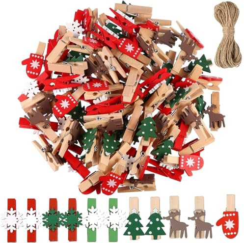 120 mollette in legno di Natale con corda di canapa da 10 m, piccole mollette in legno per foto di Natale