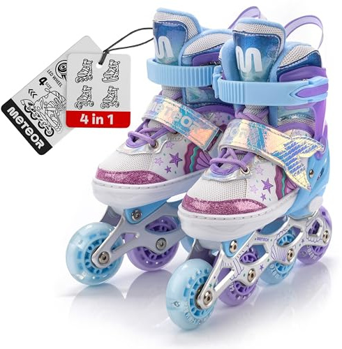 Meteor Youth Kids Junior Roller Skates Adjustable Roller Skates for Boys Girls 5 Sizes (Mermaid, XS)