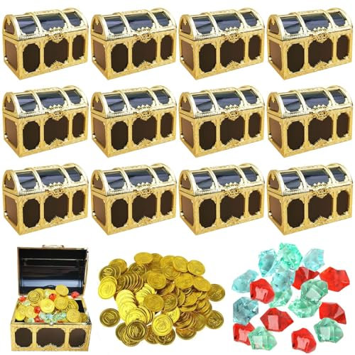 Molbory Lot de 12 mini coffres au trésor, 12 pierres précieuses et 12 pièces dorées pour enfants