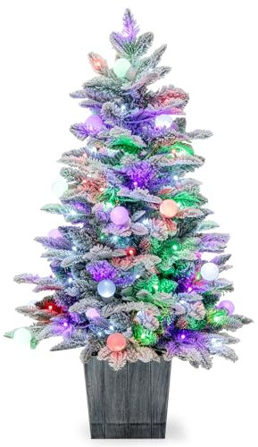 COSTWAY 100cm Künstlicher Weihnachtsbaum, beflockter Tannenbaum mit 80 mehrfarbigen LED-Lichtern & 148 Zweigspitzen, beleuchteter Christbaum mit Schnee & Sockel für Zuhause, Geschäft & Büro