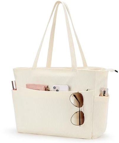 KALIDI Cord Tasche Damen，Einkaufstasche Groß Tote Bag Strandtasche mit Reißverschluss Mehrere Taschen，Shopper Tasche Damen Arbeiten, Büro, Schule, Reisen und für den täglichen Gebrauch (Beige)