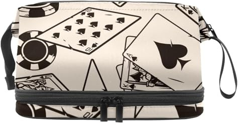 Spades Poker Card and Chips Double Layer Cosmetic Bag for Women and Girls, Travel Toiletry Bag Makeup Handy Pouch Organiser Bag with Brush Compartment