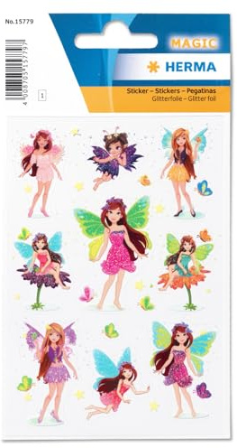 HERMA Pegatinas de hadas, pegatinas con purpurina para niños y bebés, pegatinas infantiles con diseño de elfos para álbum de pegatinas, álbum de recortes, álbum de fotos, regalo, cumpleaños,