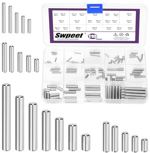 Swpeet 110Pcs M2 M3 M4 M5 304 Stainless Steel Dowel Pin Assortment Kit, Cylindrical Shelf Support Peg Pin Rod Fasten Elements for Maintenance and Connection (with A Storage Box )