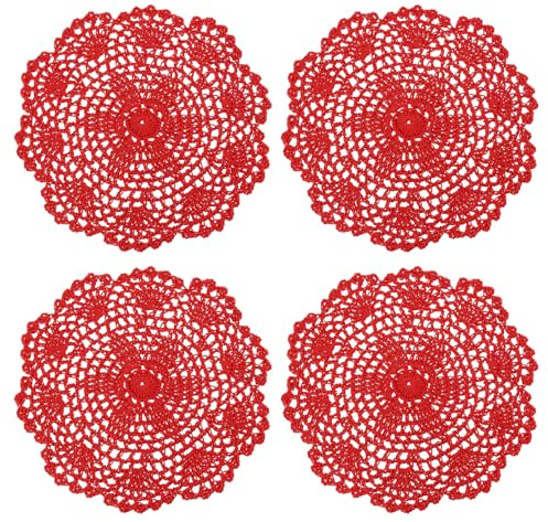 QUARKZMAN Napperons en Dentelle, 4 Pièces 8 - Dessous de Verre Rond en Coton Tissé Au Crochet, Napperon en Tissu à Motif Floral Fait à la Main pour Décoration de Fête de Mariage (Rouge)