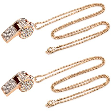 Gosknor 2pcs Sifflet en Métal Brillant Strass, Sifflets en Cristal Doré avec Chaîne en Or Brillant Son Fort et Net Sifflet Sport pour Arbitres Entraîneurs Enseignants Officiels Entraînement Cadeau