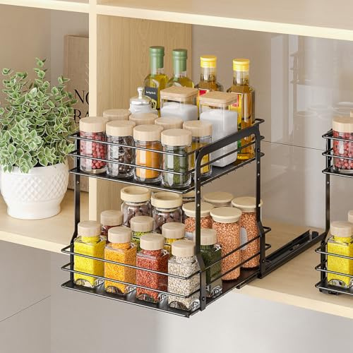 PanPanPal Gewürzregal Ausziehbar, 2 Etagen Gewürz Organizer, Höhenverstellbar Metall Küchenschrank Organizer für die Meisten Küchenschränke Gewürzregal, L27.2*B24.5*H26CM, Schwarz