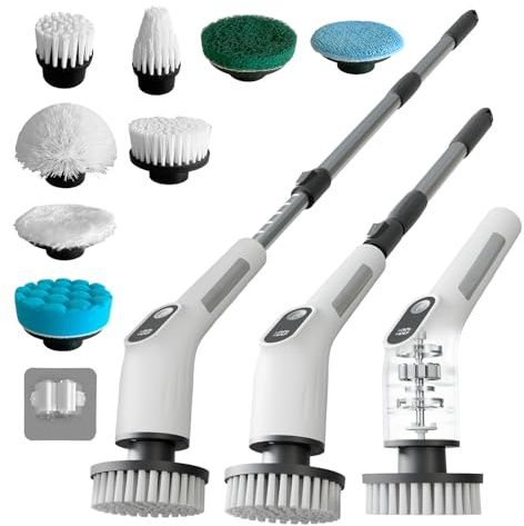 Depcler Electric Spin Scrubber with 4000mAh Battery, 380-500 RPM, 8 Replaceable Brush Heads, Adjustable Handle for Bathroom, Kitchen & Floor Cleaning