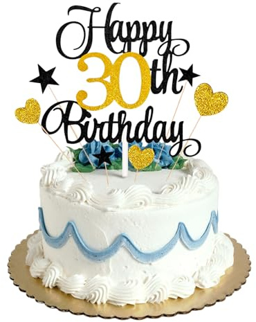 30th Happy Birthday Cake Topper Black Gold Glitter,Personalised Cake Toppers for Men Boys Women Girls Birthday Party Cake Decorations Kit with Star Heart Cupcake Topper