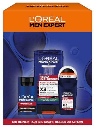 L'Oréal Men Expert Geschenk-Set für Männer, mit Anti-Aging Gesichtscreme, pflegendem Duschgel und duftendem Deo, Geschenke für Herren mit Hyaluronsäure, Power Age,1 x 250 ml, 1 x 50 ml, 1 x 50 ml
