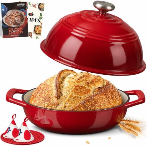 Overmont Enameled Cast Iron Bread Oven - 6QT Bread Dutch Oven for Sourdough Baking - Bread Pot with Dome Lid Cotton Potholders & Cookbook - Multi-Functional Bread Pan For Baking Frying Roasting