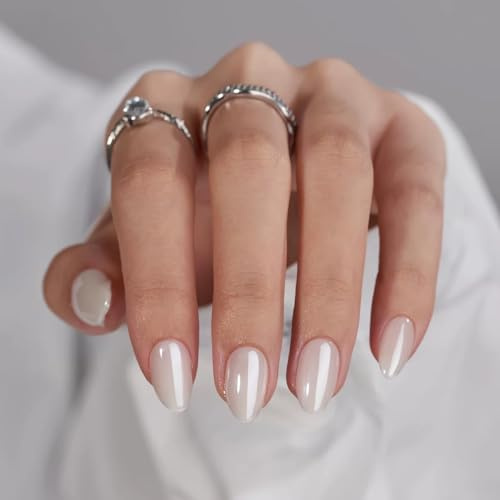 White Chrome Press on Nails Short Almond Fake Nails Aurora False Nails with Design Solid Mirror Pearl White Full Cover Glue on Nails Glossy Acrylic Nails for Women Girls Manicure Decoration 24Pcs