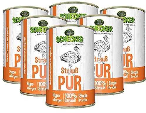 Schecker Nassfutter - Strauß Pur - getreidefreies Hundefutter - Dosenfutter - Strauss - 6 x 410 g