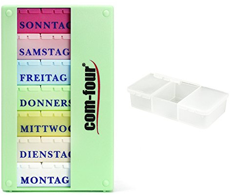 com-four® Medikamentendosierer 7 Tage - Medikamenten-Box (Morgens, Mittags, Abends) - Pillendose - Tablettendose - Wochendosierer + Pillendose mit 3 Fächern (01 Stück - mint mit Zubehör)