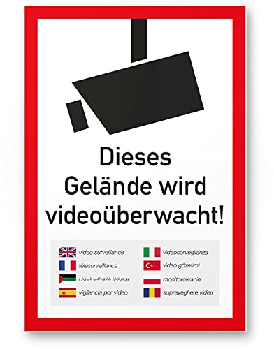 Komma Security Gelände Videoüberwacht mehrsprachig Schild 20 x 30 cm - Achtung Vorsicht Videoüberwachung - Hinweis Hinweisschild Videoüberwacht - Warnschild Warnhinweis Videoüberwachung