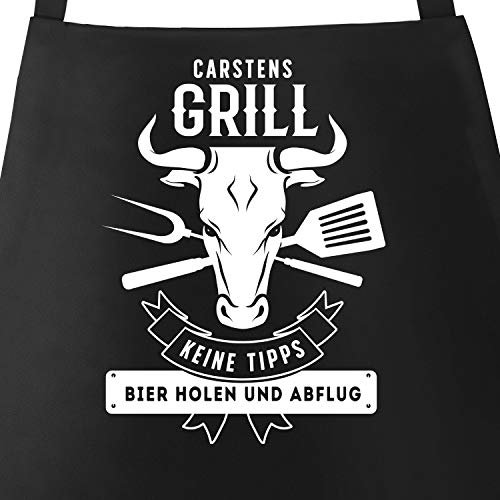 MoonWorks® Personalisierte Grill-Schürze für Männer Name Grillen Bier holen und Abflug Baumwoll-Schürze schwarz unisize