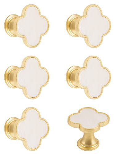MOROBOR Lot de 6 poignées de tiroir créatives en alliage de zinc à trou unique pour commode, armoire, porte, meubles, base dorée avec surface blanche
