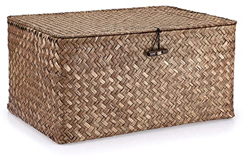 Seegras Gewebter Aufbewahrungskorb mit Deckel Natürliches Geflochtener Braun Regalkorb mit Schnalle zum Organisieren von Spielzeug Kleidung Obst für Kleiderschrank Wohnzimmer (kaffeebraun, 36*24*18cm)